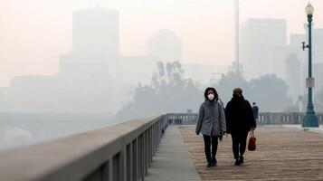 A city skyline shrouded in thick smog with pedestrians wearing masks and visibility greatly reduced reflecting air pollution linked to climate change photo