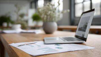 A closeup of a business plan document on a table featuring graphs and financial projections alongside a laptop displaying a website under development photo