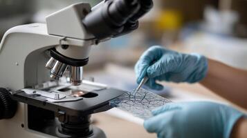 A closeup of a researchers gloved hands carefully manipulating a microscope slide revealing intricate cellular structures under high magnification photo