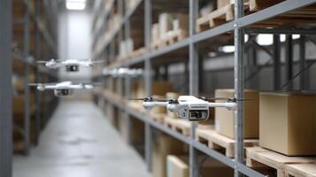 An indoor warehouse scene where multiple drones are autonomously navigating shelves retrieving goods and optimizing inventory management photo
