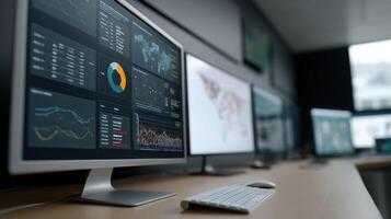 A digital dashboard filled with analytics and threat detection alerts visualizing realtime monitoring in a cybersecurity operations center photo