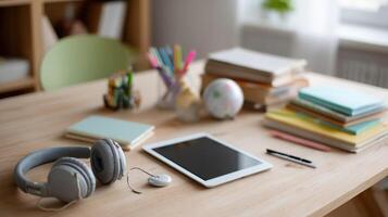 A home office setup with various learning materials like a tablet headphones and stationery emphasizing a personalized online learning environment photo