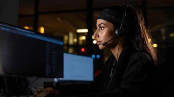 A customer service representative wearing a headset and using specialized software on a monitor highlighting the integration of technology in customer support photo