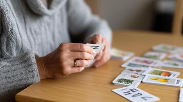 A closeup of hands holding flashcards with vocabulary words and corresponding images emphasizing the use of visuals in memorization techniques photo