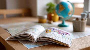 An open book with colorful illustrations and text in another language p on a table alongside a map and a globe indicating the connection between language and geography photo