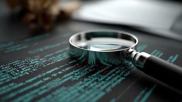 A magnifying glass hovering over a digital document filled with complex code symbolizing the scrutiny of data privacy and compliance regulations photo
