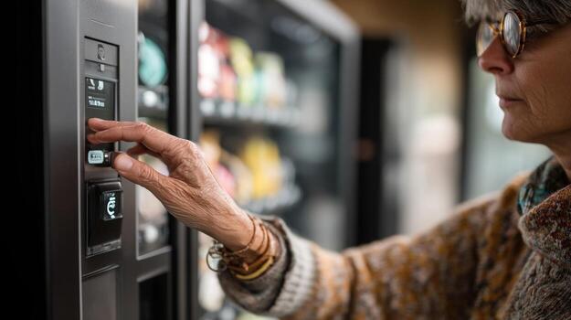 A person using a contactless payment od at a vending machine with a clear visual of the payment symbol illuminated on the machine photo