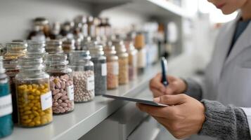 A shelf stocked with vials of vaccines and pharmaceuticals with a researcher selecting samples while taking notes on a digital tablet photo