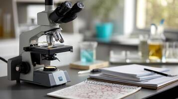 A microscope positioned over a prepared slide showcasing intricate cellular structures illuminated by bright LED lights with lab notebooks filled with observations nearby photo