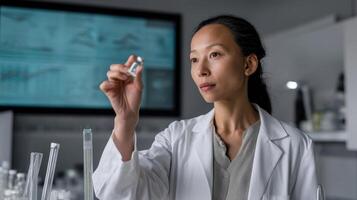A researcher in a white lab coat examining a vial of vaccine under a bright light with annotated graphs and charts projected on a digital screen in the background photo