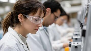 A row of laboratory technologists wearing lab coats and safety goggles focused on operating automated machinery for highthroughput testing photo
