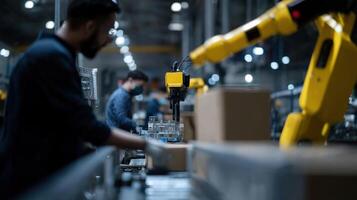 A sleek robot in a manufacturing setting assembling components alongside human workers signifying the rise of automation in industry photo