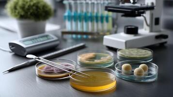 An assortment of petri dishes containing different bacterial cultures with varying colors and textures set against a backdrop of sterile lab tools and a digital thermometer photo