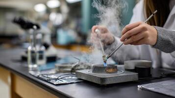A student uses a Bunsen burner to heat a metal coil submerged in a liquid creating a visible steam effect with safety mats laid out beneath the workspace photo