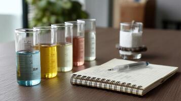 A series of graduated cylinders filled with different colored liquids arranged by height showing varying levels while a notebook with recorded measurements lies open next to them photo