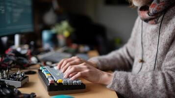 A closeup of hands typing on a mechanical keyboard with colorful keycaps in a dimly lit workspace adorned with tech gadgets photo