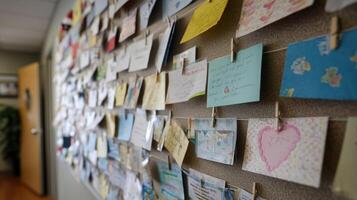 A bulletin board covered with pinned postcards from various countries each featuring phrases in different languages representing a communitys encouragement of multilingualism photo