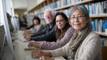 A group of adult learners gathered in a library using computers and accessing online resources with shelves of books in the background photo