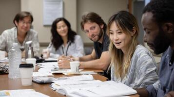 A study group gathered around a table animatedly discussing topics with papers spread out notebooks open and coffee cups nearby photo