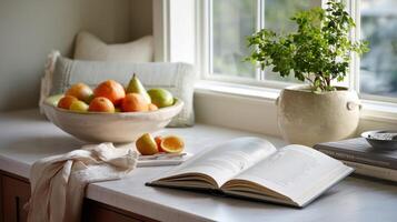 A cozy kitchen nook featuring a window with sunlight streaming in illuminating a bowl of seasonal fruits and a recipe book open to a favorite dish photo