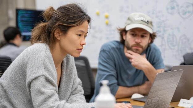 A pair of coding bootcamp participants collaborating over a laptop discussing lines of code while surrounded by whiteboards filled with notes and diagrams photo