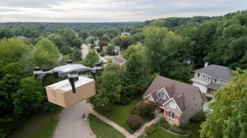 A delivery drone hovers above a suburban neighborhood ready to drop off a package at a designated location illustrating advancements in logistics photo