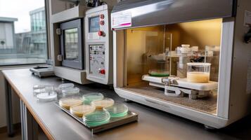 A controlled environment incubator with petri dishes containing cell cultures showcasing the careful monitoring of cell growth and experimentation photo