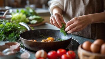 A closeup of hands preparing a healthy breakfast chopping fresh vegetables and cracking eggs into a sizzling pan with a background of a cozy kitchen atmosphere photo