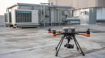 A drone equipped with a thermal imaging camera captures heat signatures from a rooftop assisting in energy efficiency assessments for commercial buildings photo
