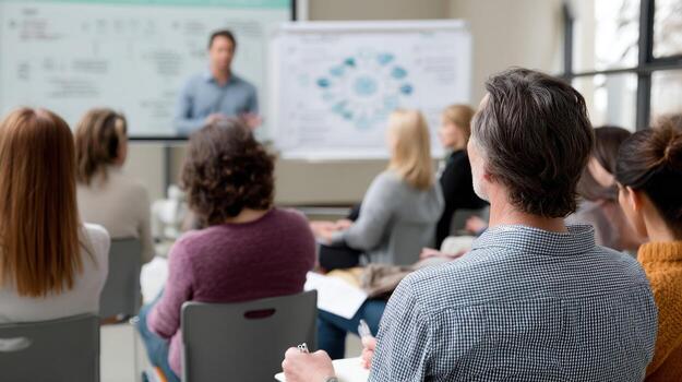 An instructor standing in front of a flip chart in a seminar room illustrating complex concepts while a diverse audience listens and takes notes attentively photo
