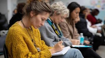 A vibrant scene of a creative writing workshop with participants deep in thought scribbling notes in notebooks and engaging in animated discussions about storytelling techniques photo