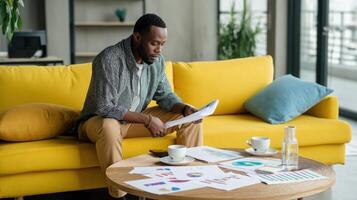 An entrepreneur reviewing financial reports while sitting on a bright yellow couch with colorful charts and graphs spread out on the coffee table photo