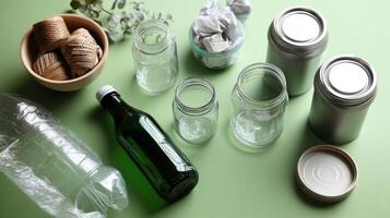 A closeup of various recyclable materials such as cled paper glass jars and plastic bottles arranged neatly on a bright green background photo