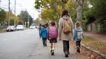 A group of children walking to school in a carfree zone accompanied by an adult enjoying the fresh air and promoting a walkable community photo