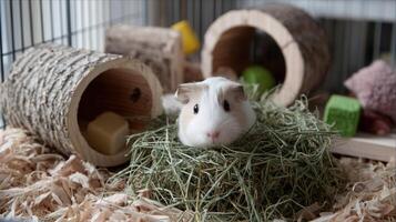 A comforting scene of a guinea pig nestling in a soft hay bed inside a spacious cage with wooden tunnels and chew toys tered around photo