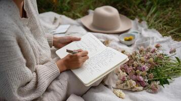 An individual journaling outdoors on a picnic blanket with an open notebook filled with handwritten thoughts surrounded by blooming flowers and soft grass photo