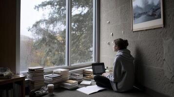 A serene study environment with a window letting in natural light where a student is using a laptop while surrounded by piles of books photo