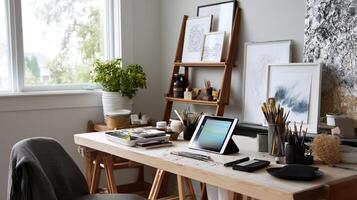 A creative home office filled with art supplies and sketches where a setup includes a tablet for digital drawing along with a traditional easel and a welllit work area photo
