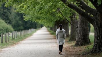 A tranquil outdoor scene with a person strolling along a path lined with trees representing the journey of personal growth and healing through nature photo