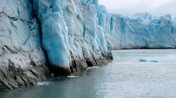 A melting glacier cascading into the ocean with deep cracks and a vivid blue hue emphasizing the accelerated ice melt attributed to global warming photo
