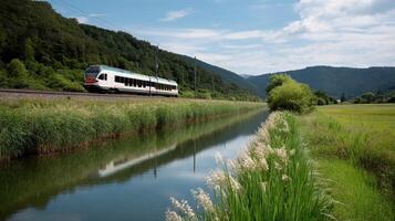 A commuter train running on electric power traveling through a lush countryside with scenic views of hills and fields reflecting the harmony between transit and nature photo