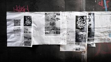 A series of black and white wheatpaste posters layered over each other creating a collage effect that tells a story of social commentary through striking visual narratives photo