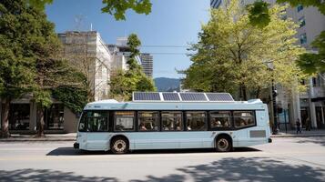 A solarpowered bus gliding down a sunlit street with passengers visible through the tinted windows promoting sustainable public transit photo