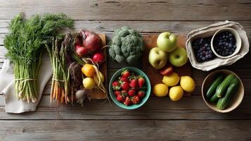 A visual of fresh fruits and vegetables artistically arranged on a wooden kitchen counter symbolizing nourishment and the importance of healthy eating in a wellness routine photo