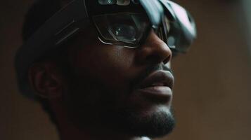 Closeup of the AR glasses displaying a dynamic overlay of notifications with a translucent interface that seamlessly fades away as the wearer begins to speak enhancing focus on verba photo