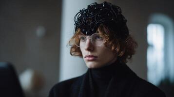 An immersive headgear interface embedded with sensors capturing intricate brainwave patterns with a digital notepad seamlessly translating these signals into organized coherent content photo