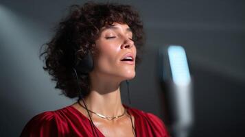 A splitscreen view shows a user passionately singing into a microphone while a virtual AGI avatar generates harmonizing melodies enhancing the performance with synthesized backing vocal photo