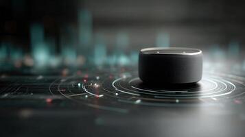 A closeup view of an AIdriven speaker surrounded by visual elements representing the complex algorithms at work actively adjusting its tone and pitch to emit a reassuring yet authoritativ photo