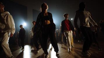 A visually striking scene of diverse individuals across different ages and backgrounds dancing in unison their choreography crafted through a combination of AGI creativity and personalize photo