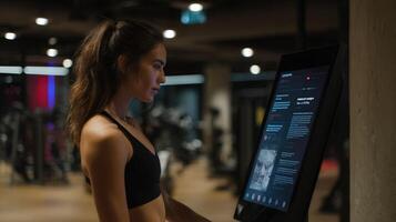 A digital assistant interacting with a user presenting personalized workout recommendations based on predictive analytics of hormonal patterns set against a modern techenhanced gy photo